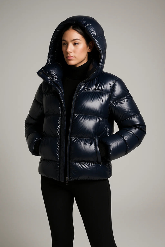 Shiny Hooded Puffer Jacket with Cropped Fit for Women
