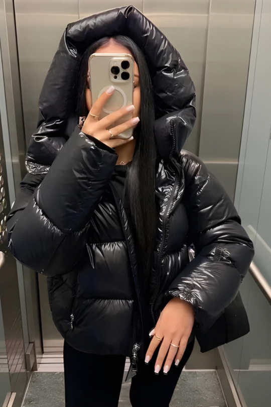 Shiny Hooded Puffer Jacket with Cropped Fit for Women