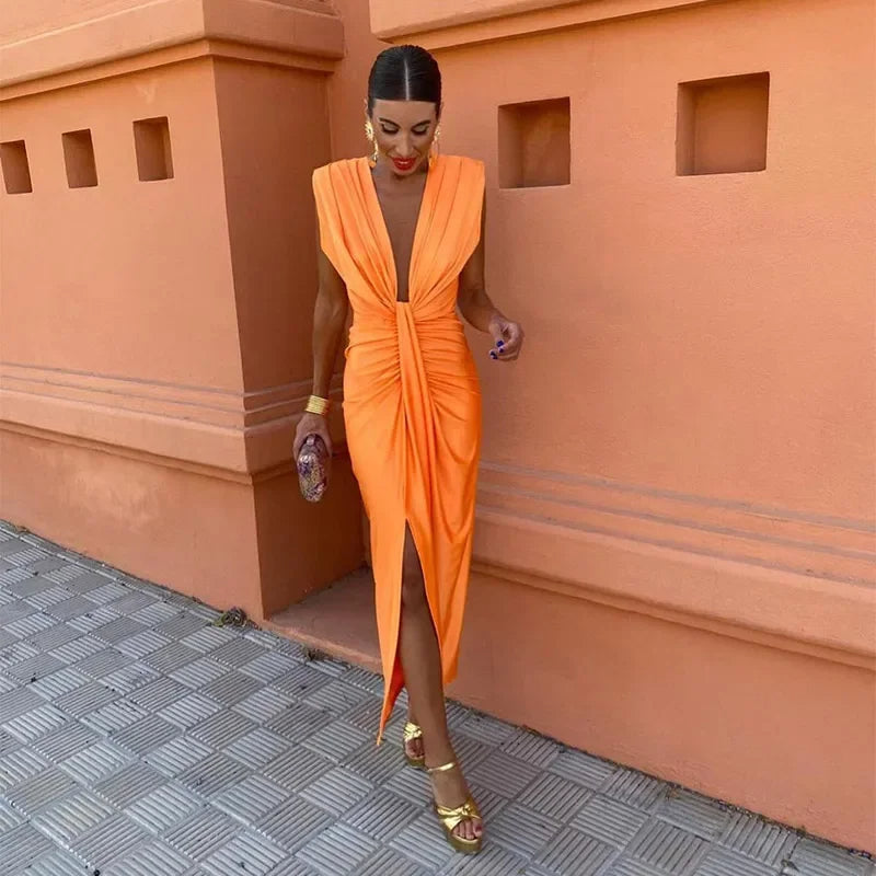 Sleeveless Cocktail Dress Women – Draped Twist Front & Deep V-Neck