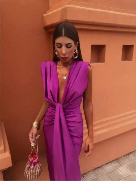 Sleeveless Cocktail Dress Women – Draped Twist Front & Deep V-Neck