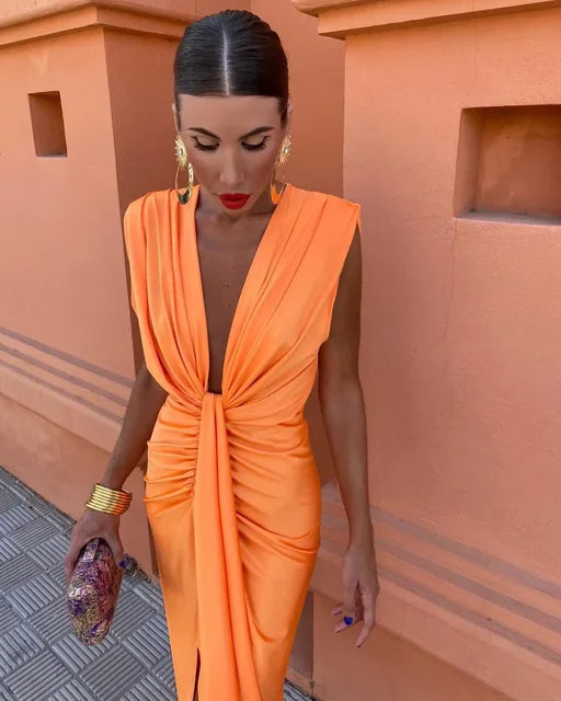 Sleeveless Cocktail Dress Women – Draped Twist Front & Deep V-Neck