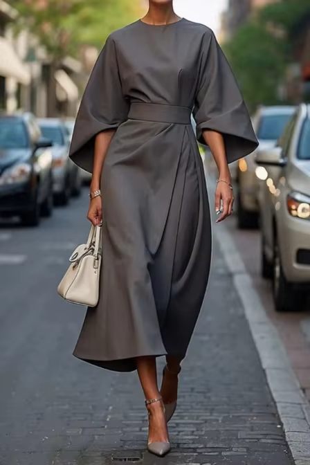 Midi Dress with Fitted Waistband for Women