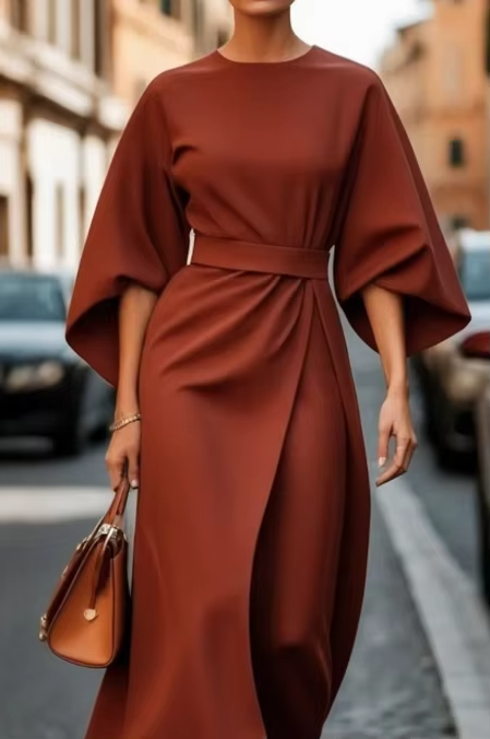 Midi Dress with Fitted Waistband for Women