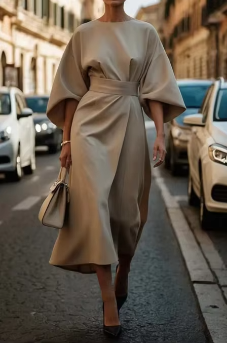 Midi Dress with Fitted Waistband for Women