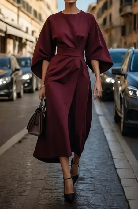 Midi Dress with Fitted Waistband for Women