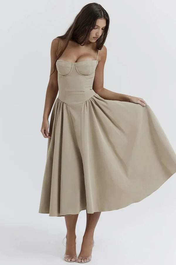 Summer Wedding Guest Dress - Flared Skirt with Spaghetti Straps