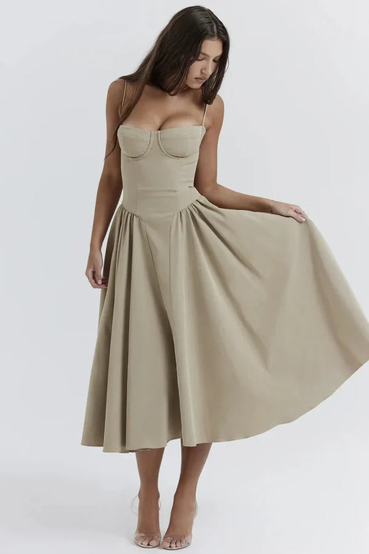 Summer Wedding Guest Dress - Flared Skirt with Spaghetti Straps