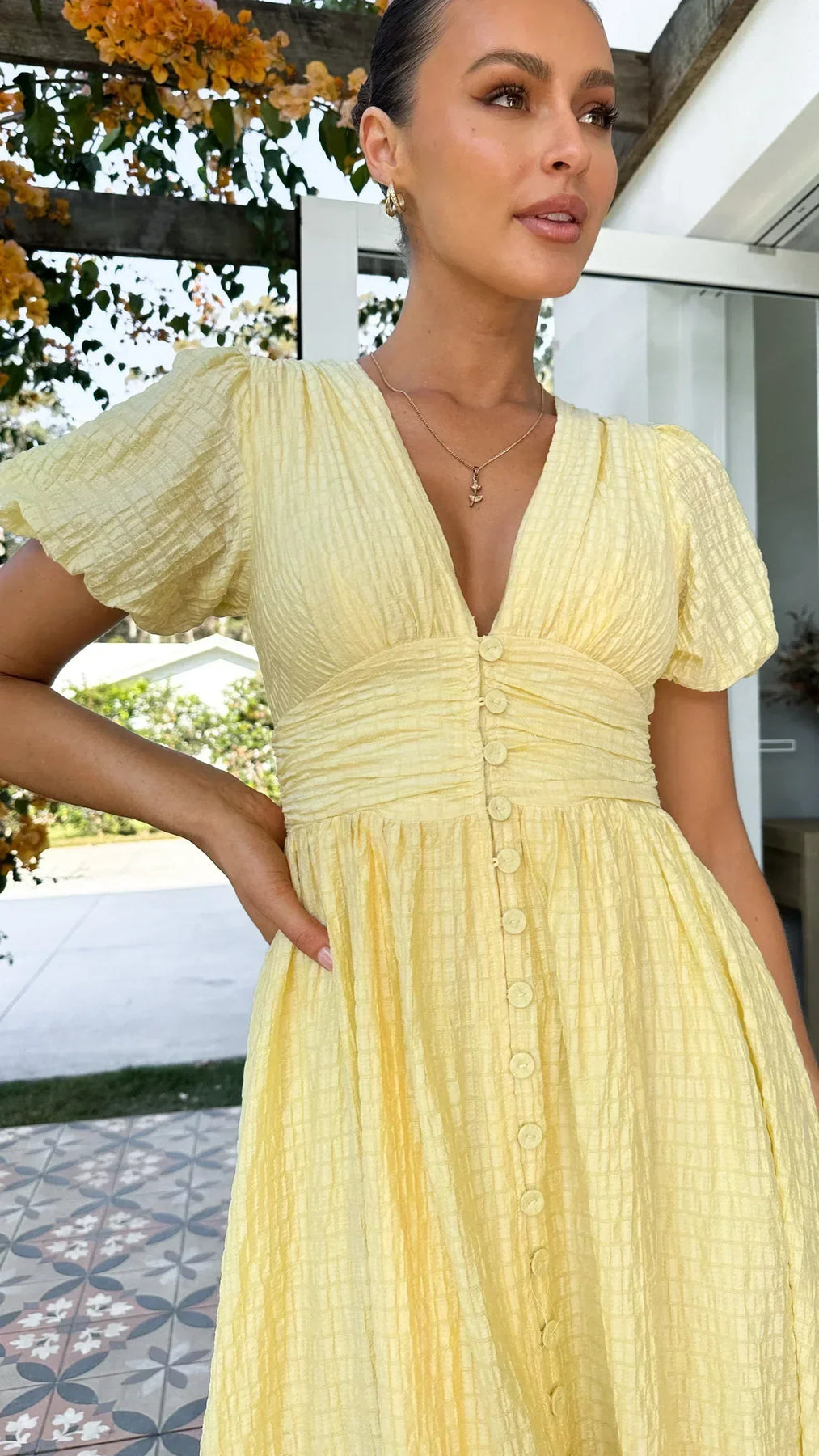 Textured Puff Sleeve Midi Dress Women – V-Neck & Button-Front Detail