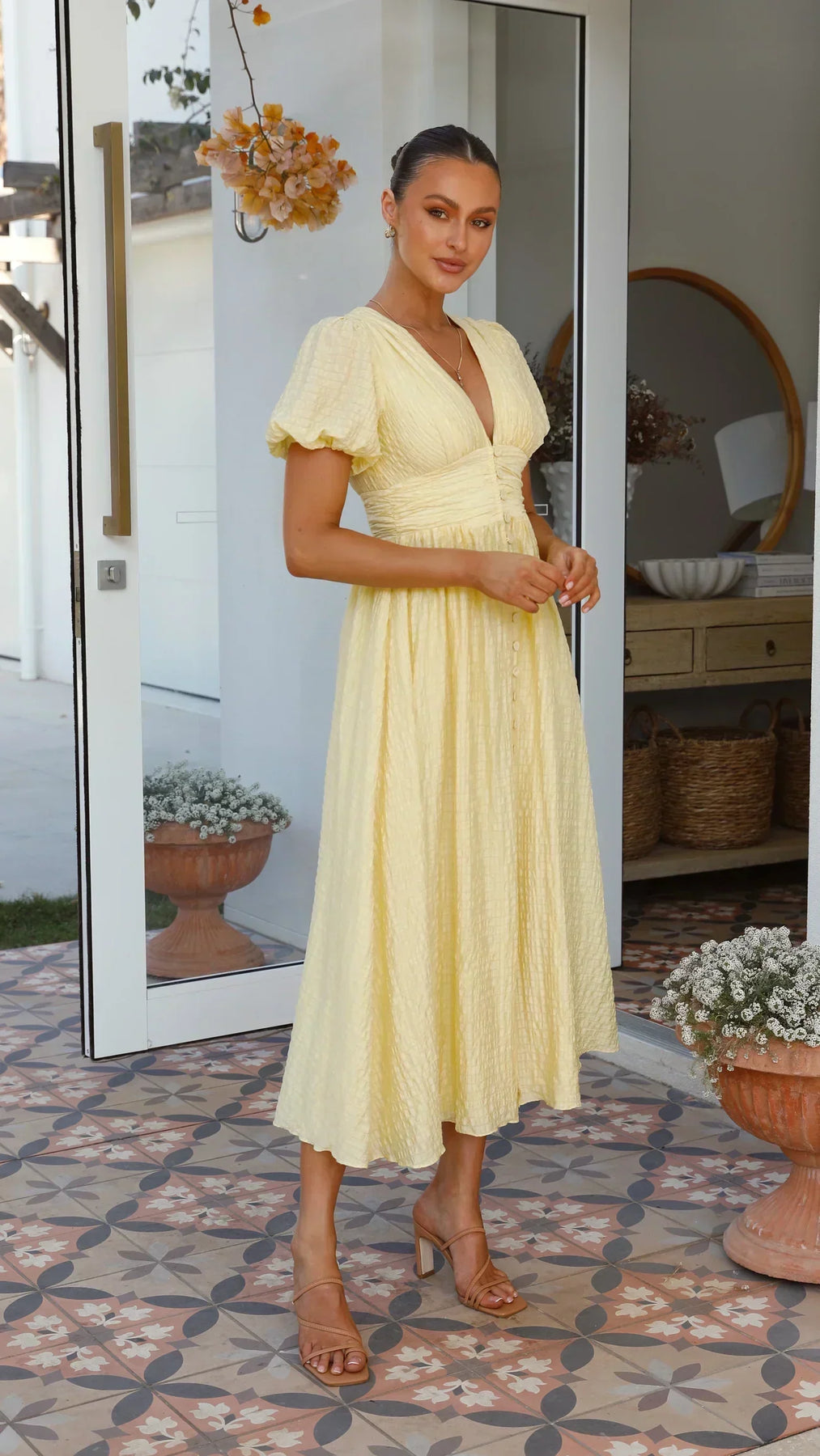 Textured Puff Sleeve Midi Dress Women – V-Neck & Button-Front Detail