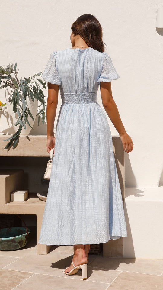 Textured Puff Sleeve Midi Dress Women – V-Neck & Button-Front Detail