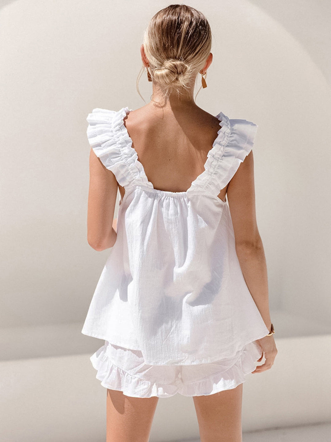 Two-Piece Lounge Set Women – Ruffled Straps and Textured Surface