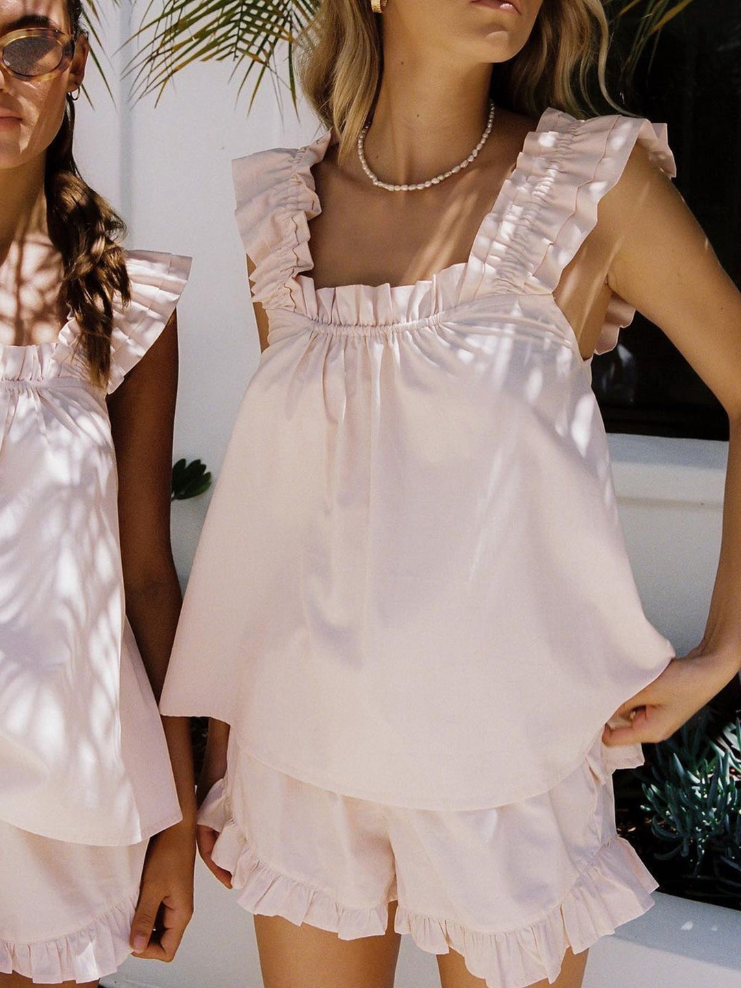 Two-Piece Lounge Set Women – Ruffled Straps and Textured Surface