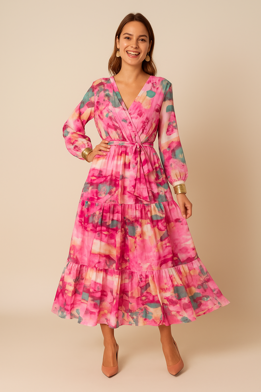 Tiered Midi Dress for Women – Wrap V‑Neck & Sheer Sleeves