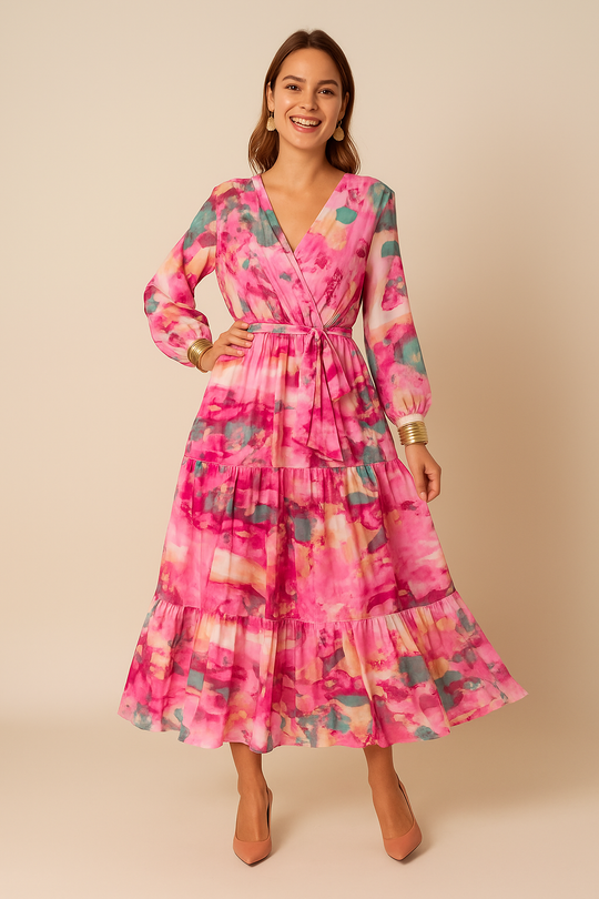 Tiered Midi Dress for Women – Wrap V‑Neck & Sheer Sleeves