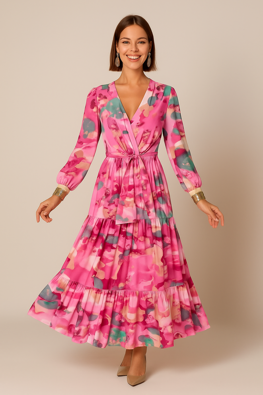 Tiered Midi Dress for Women – Wrap V‑Neck & Sheer Sleeves