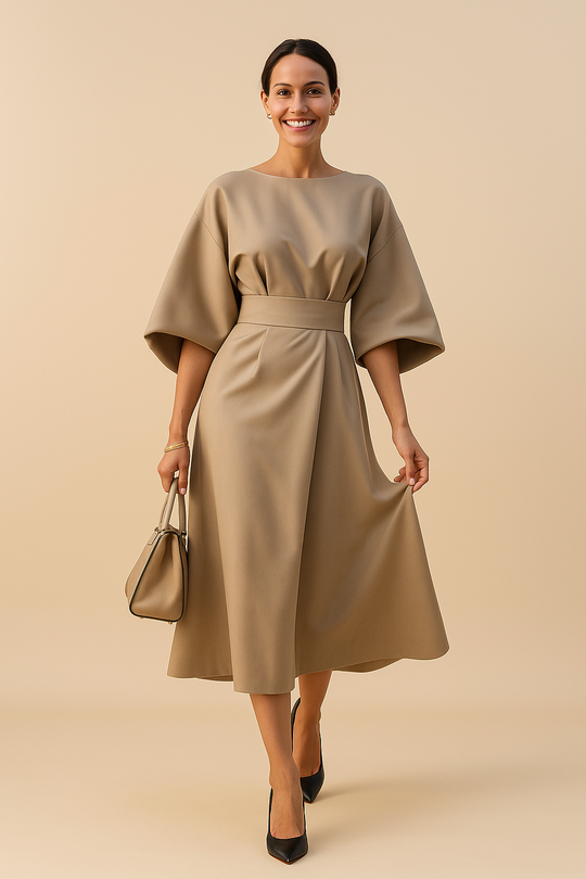 Women’s Belted Midi Dress Smooth Texture & A-Line Silhouette
