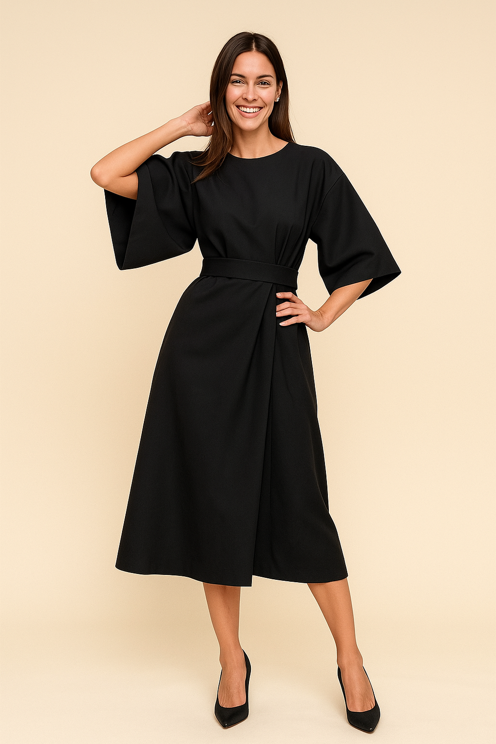 Women’s Belted Midi Dress Smooth Texture & A-Line Silhouette