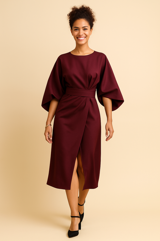 Women’s Belted Midi Dress Smooth Texture & A-Line Silhouette