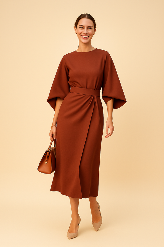 Women’s Belted Midi Dress Smooth Texture & A-Line Silhouette
