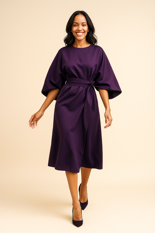 Women’s Belted Midi Dress Smooth Texture & A-Line Silhouette