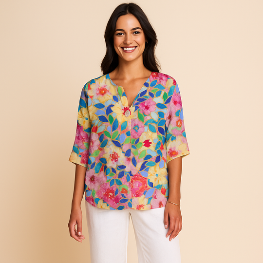 Floral Blouse for Women – Woven Surface & V-Notch Neckline
