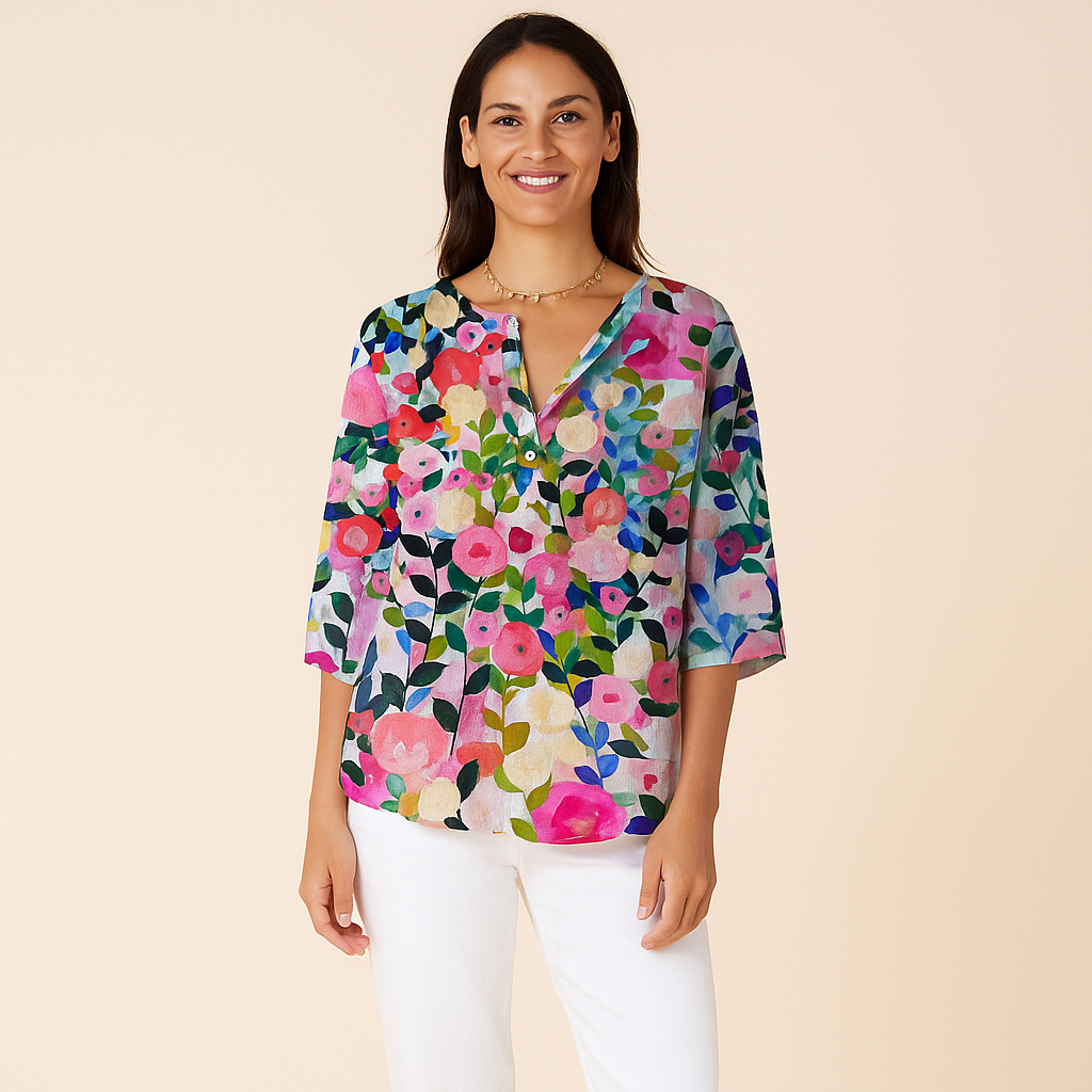 Floral Blouse for Women – Woven Surface & V-Notch Neckline