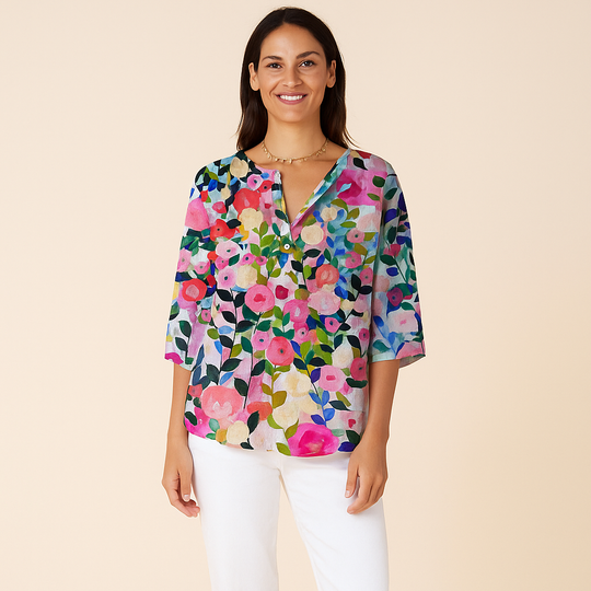 Floral Blouse for Women – Woven Surface & V-Notch Neckline