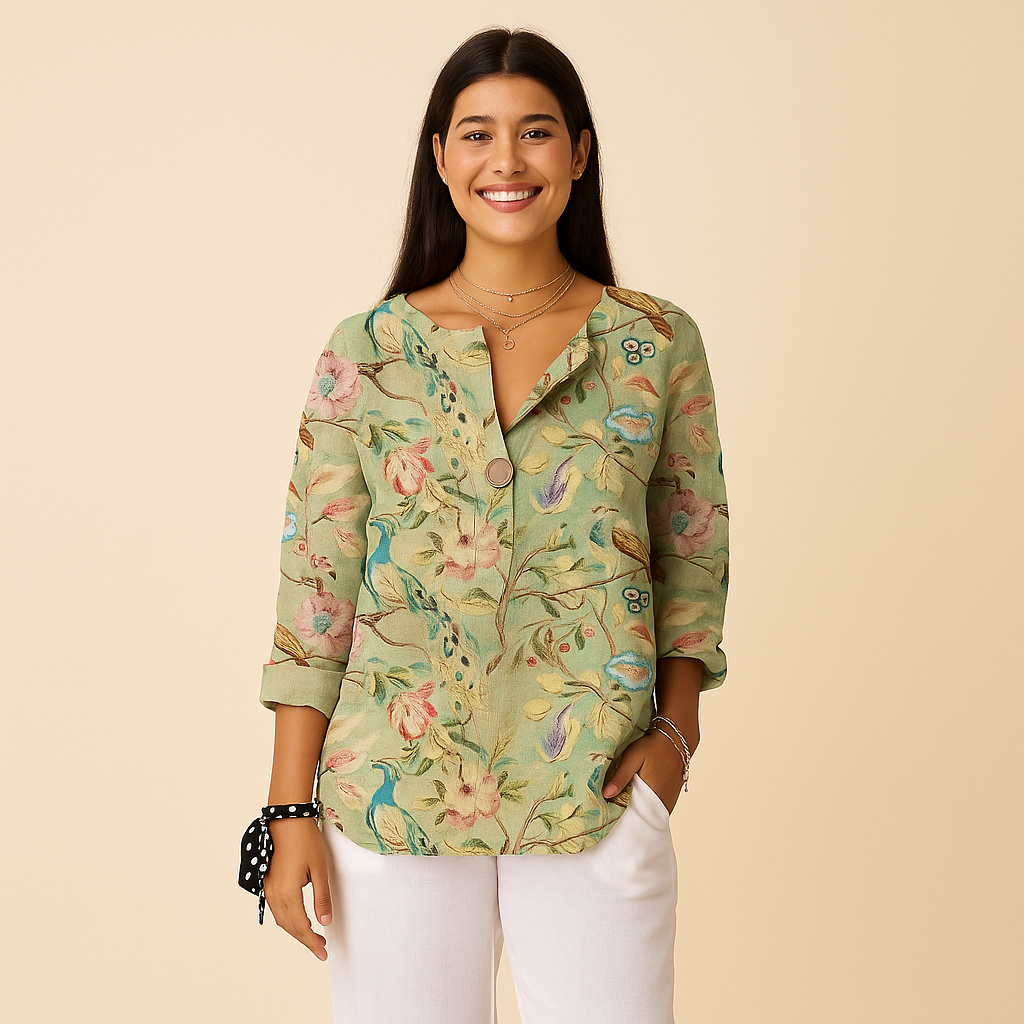 Floral Blouse for Women – Woven Surface & V-Notch Neckline