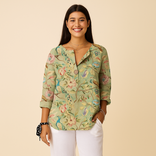 Floral Blouse for Women – Woven Surface & V-Notch Neckline
