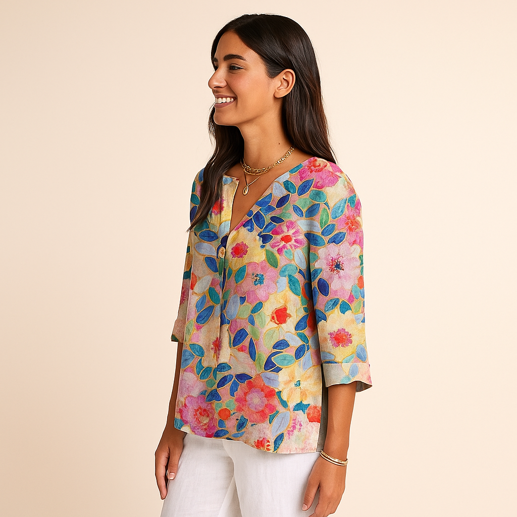 Floral Blouse for Women – Woven Surface & V-Notch Neckline