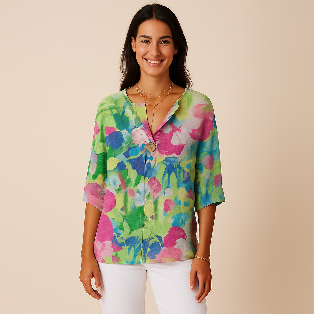 Floral Blouse for Women – Woven Surface & V-Notch Neckline