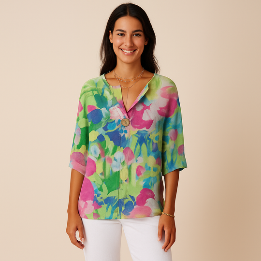 Floral Blouse for Women – Woven Surface & V-Notch Neckline