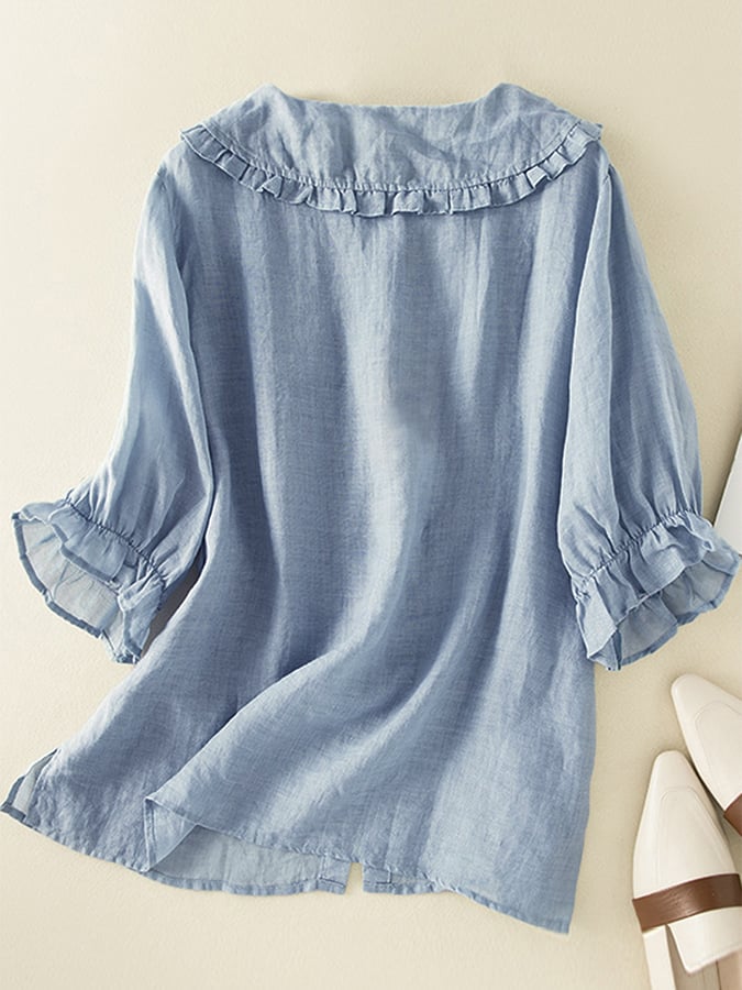 Button-Down Blouse for Women- Ruffled Collar & Fine-Texture Surface