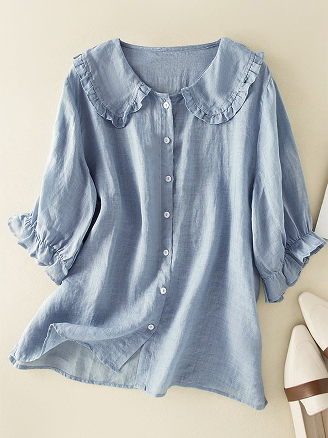Button-Down Blouse for Women- Ruffled Collar & Fine-Texture Surface