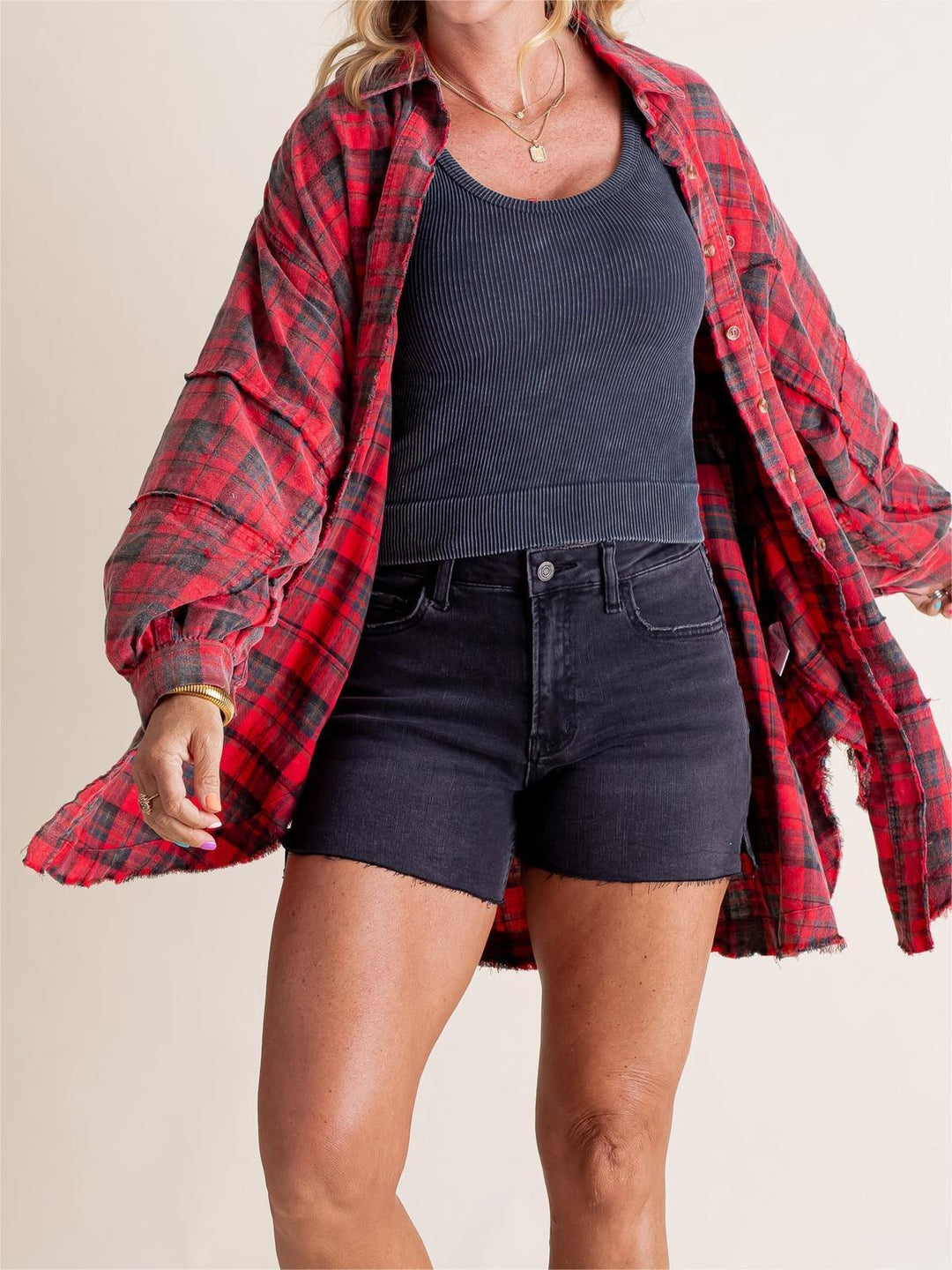 Oversized Check Shirt Women – Brushed Texture & Frayed Hem
