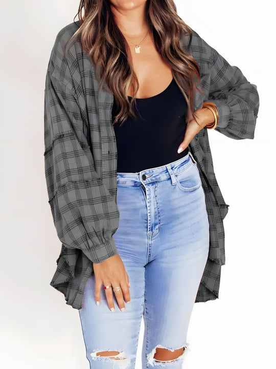 Oversized Check Shirt Women – Brushed Texture & Frayed Hem