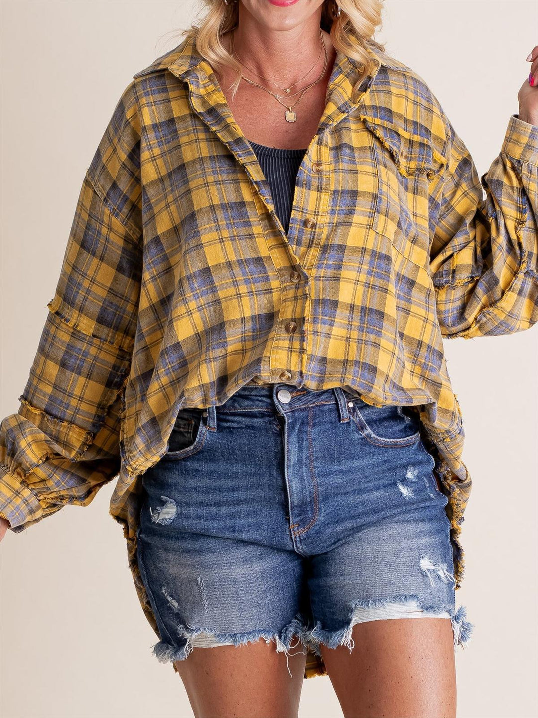 Oversized Check Shirt Women – Brushed Texture & Frayed Hem