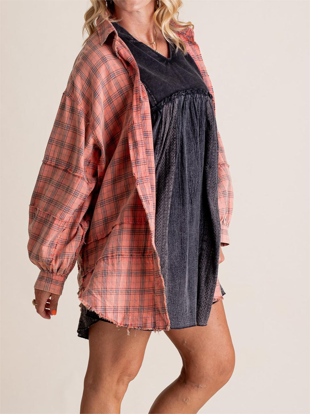 Oversized Check Shirt Women – Brushed Texture & Frayed Hem
