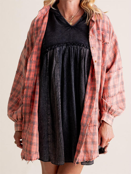 Oversized Check Shirt Women – Brushed Texture & Frayed Hem