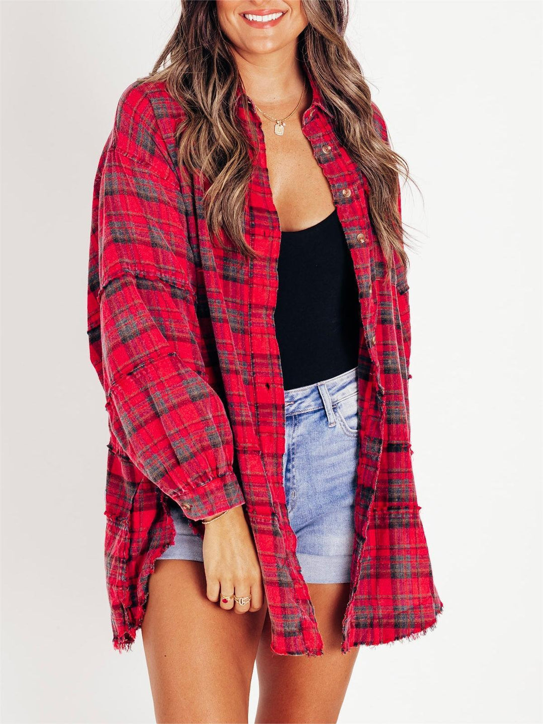 Oversized Check Shirt Women – Brushed Texture & Frayed Hem