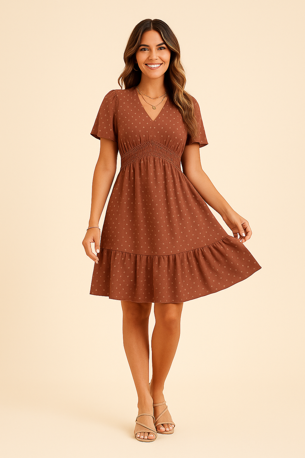 Women's Flared Mid Dress with Puff Sleeves