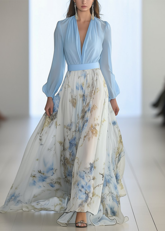 Women’s Maxi Dress - Sheer Sleeves & Flared Hem