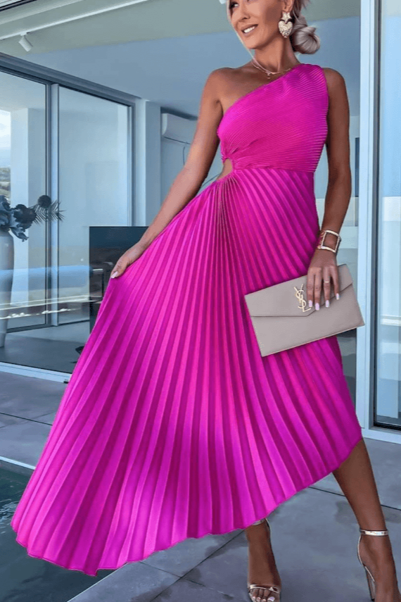 Women’s One-Shoulder Pleated Dress - Asymmetrical Hem & Draped Outline