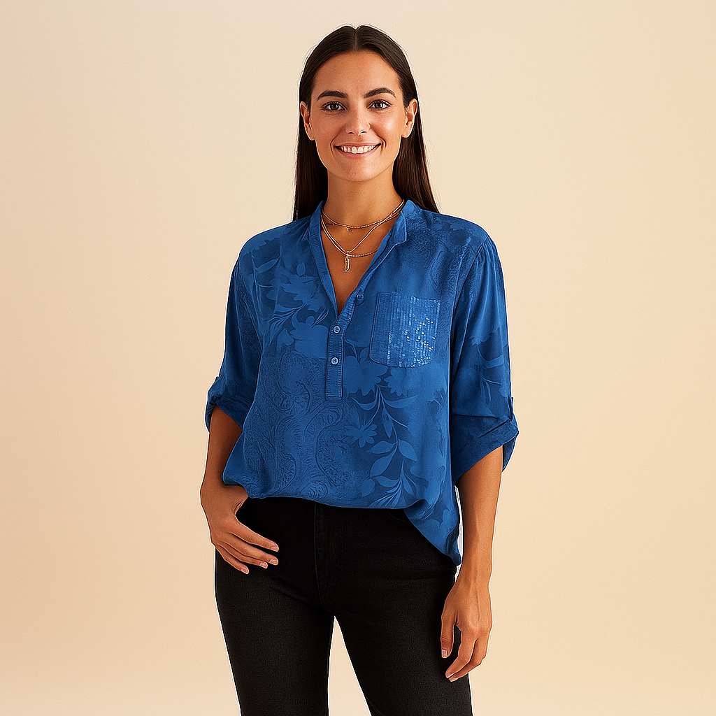 Women’s Printed Blouse - Collared V-Neck & Roll-Tab Style Sleeves