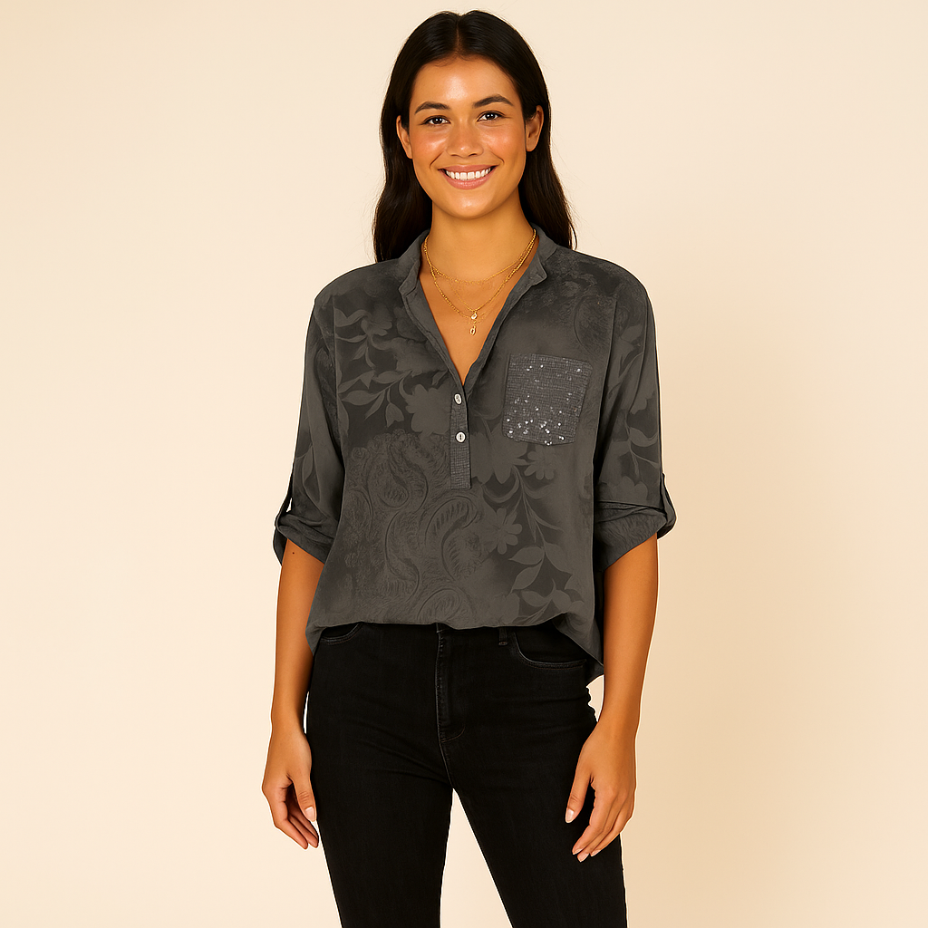 Women’s Printed Blouse - Collared V-Neck & Roll-Tab Style Sleeves
