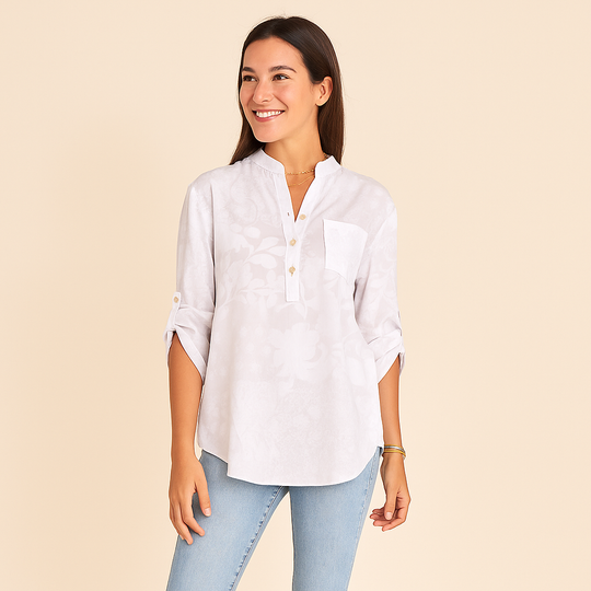 Women’s Printed Blouse - Collared V-Neck & Roll-Tab Style Sleeves