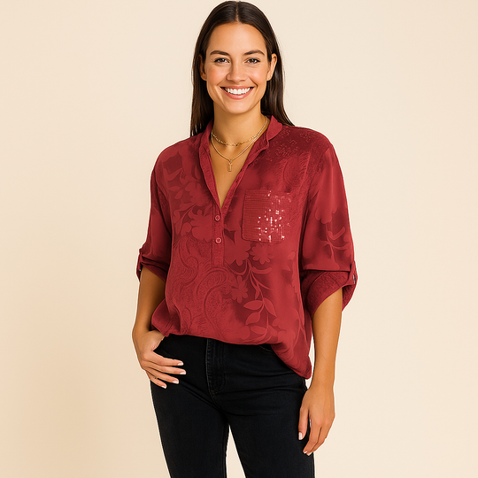 Women’s Printed Blouse - Collared V-Neck & Roll-Tab Style Sleeves