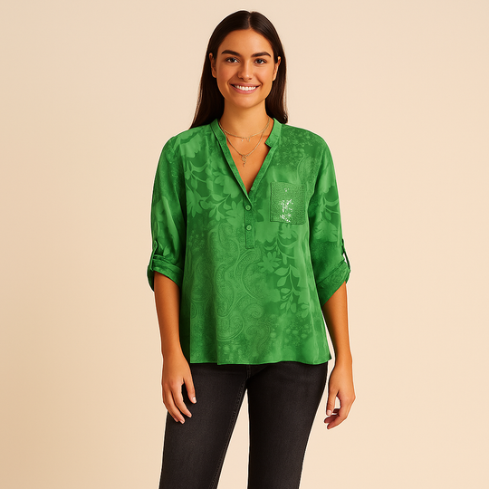Women’s Printed Blouse - Collared V-Neck & Roll-Tab Style Sleeves