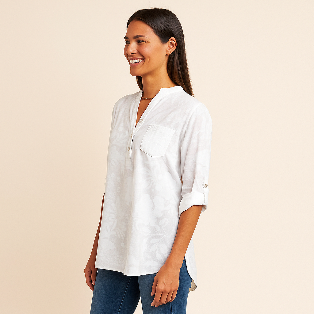 Women’s Printed Blouse - Collared V-Neck & Roll-Tab Style Sleeves