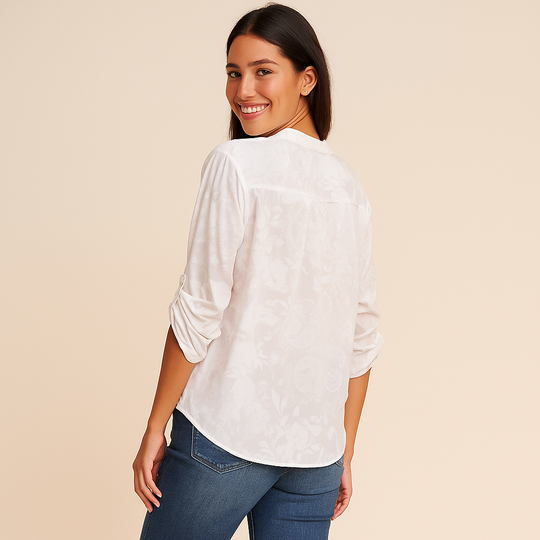 Women’s Printed Blouse - Collared V-Neck & Roll-Tab Style Sleeves